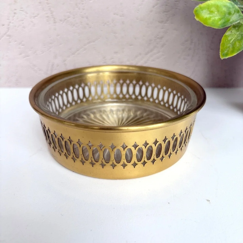 Vintage Brass Gallery Bowl with Sunburst Glass Liner Gold Trinket Dish 4.75in